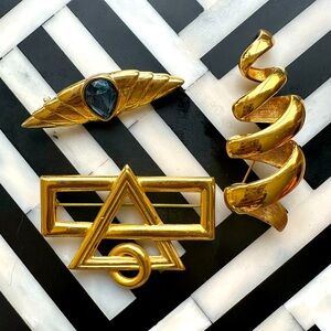 Set of 3 Vintage Gold Ton Pins with Unique Designs